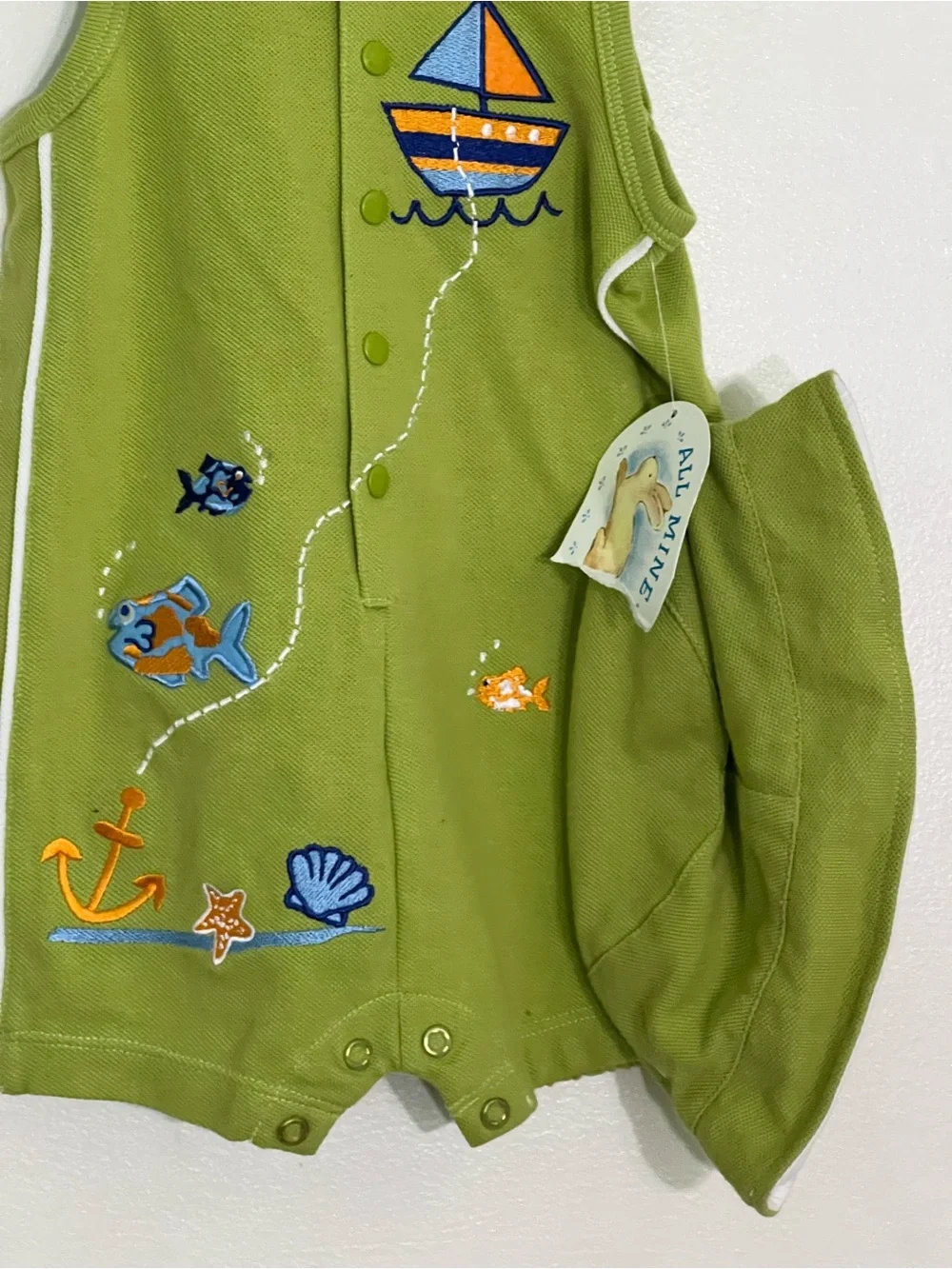 All Mine 100% cotton baby boy Green Nautical appliqués dead stock romper w/ Hat
